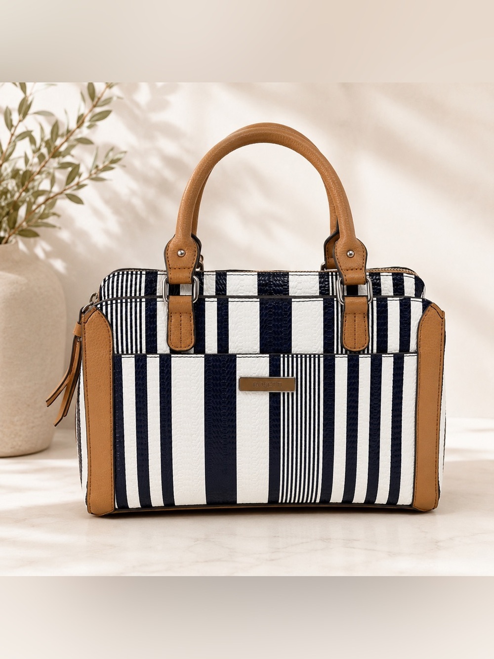 Rosetti Navy, White & Tan Striped Satchel
